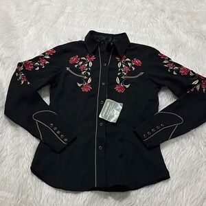 Roper Black Button Down with Red Floral Design